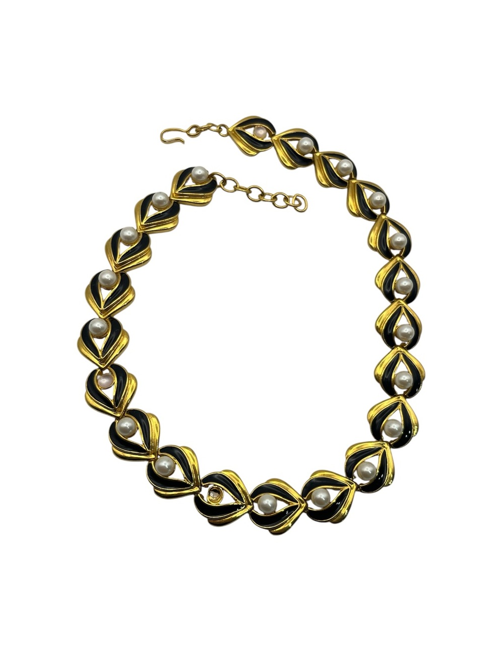 Gold tone black enamel faux pearl vintage chain necklace